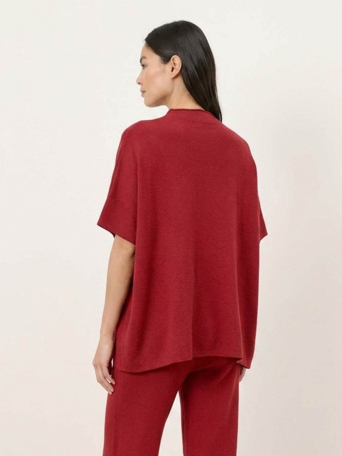 Cotton-blend capelet lounge set with mock neck capelet top and wide-leg pants in soft fabric