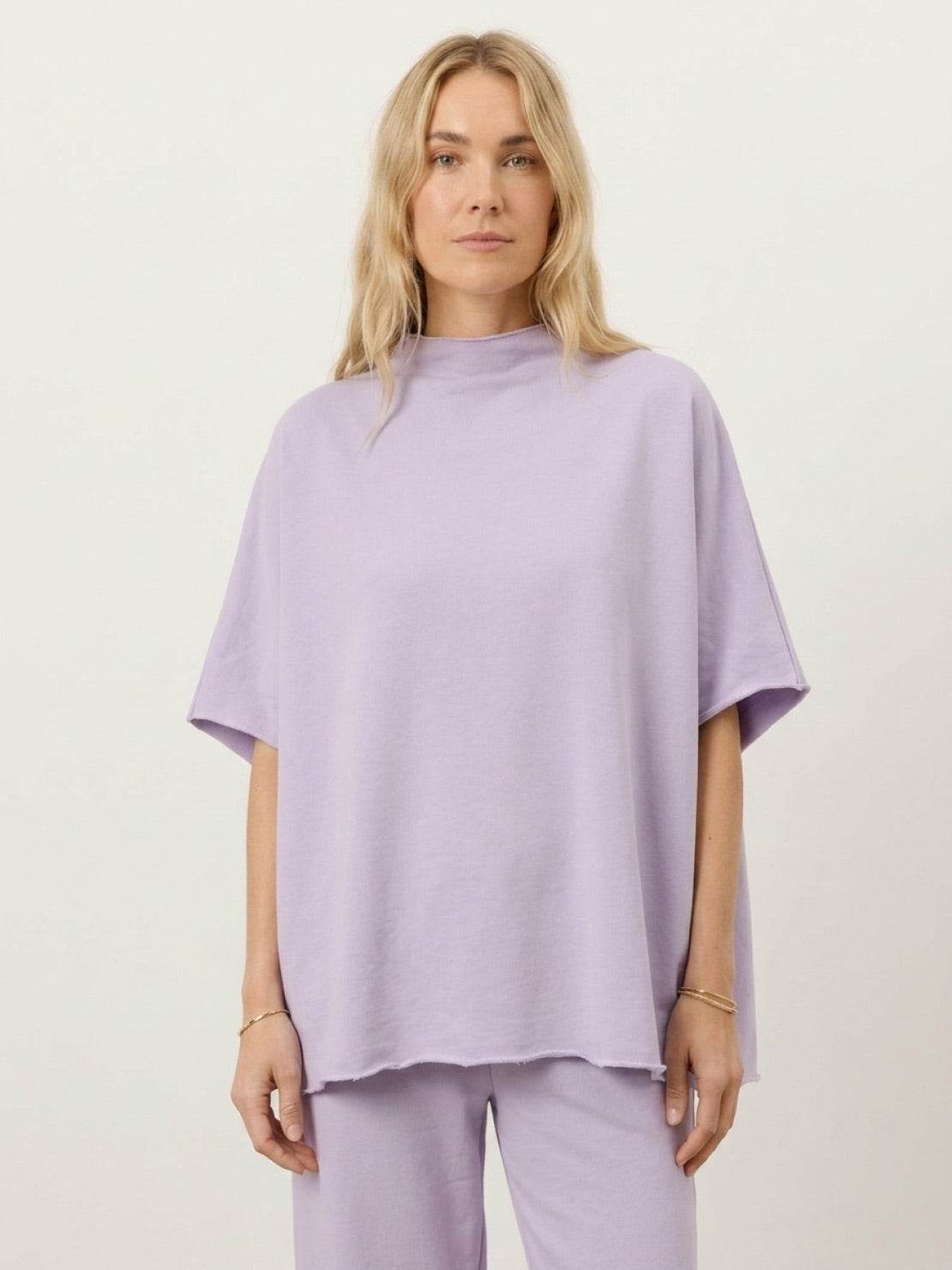 Cotton-blend capelet lounge set with mock neck top and wide-leg pants in relaxed fit