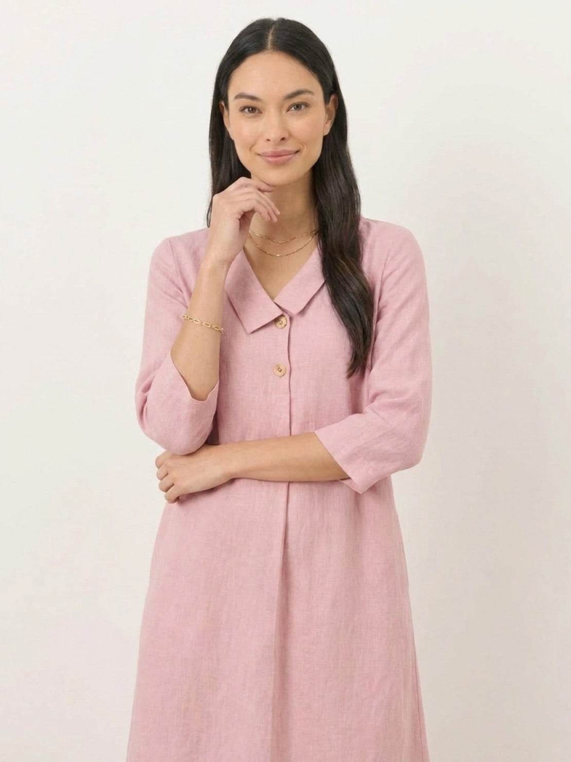 Linen-look midi dress with relaxed A-line silhouette, blazer neckline, button detail, 3/4 sleeves, and side pockets in navy color