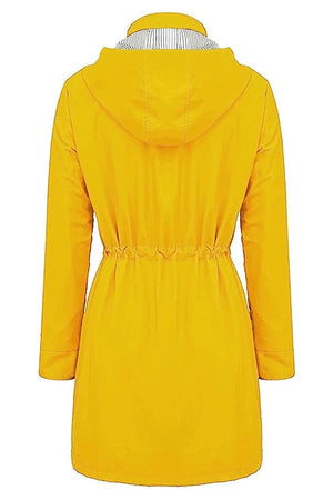Back view of yellow water resistant hooded striped windbreaker rain jacket for women with adjustable waist cinch.