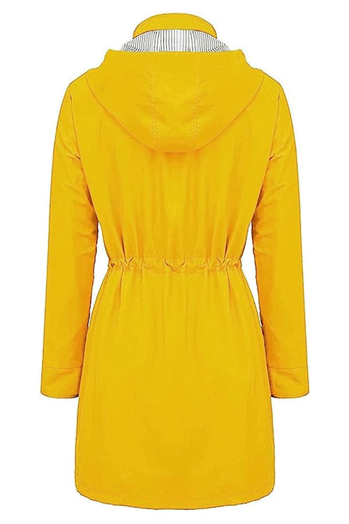 Back view of yellow water resistant hooded striped windbreaker rain jacket for women with adjustable waist cinch.