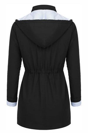 Back view of women's water resistant windbreaker jacket with hood and striped inner lining in Halloween collection