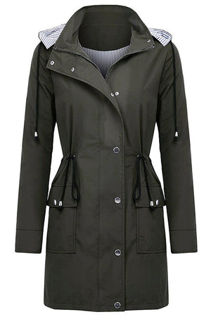 Women's long water resistant windbreaker jacket with hood and striped lining
