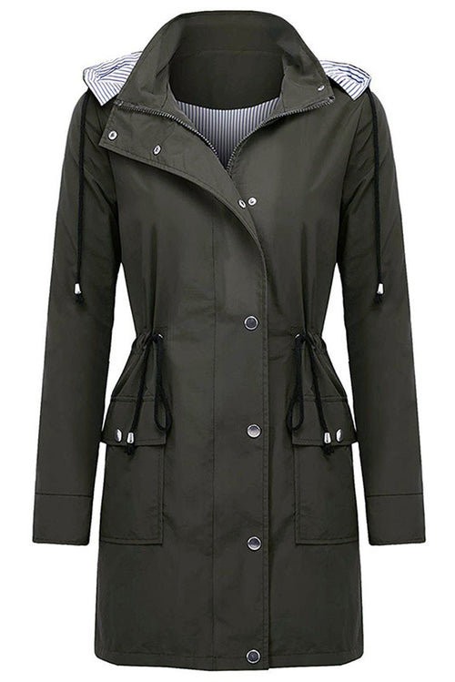 Women's long water resistant windbreaker jacket with hood and striped lining
