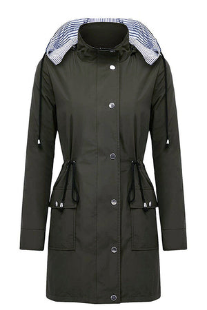 Women's water resistant hooded striped windbreaker rain jacket with oversized fit and multiple pockets