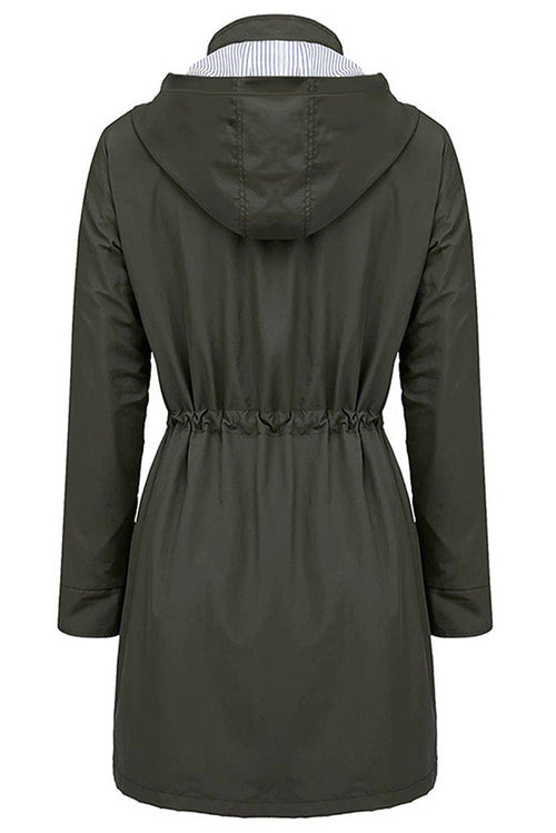 Back view of women's water resistant hooded striped windbreaker with adjustable waist and long sleeves
