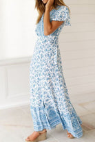 Bohemian floral print wrap dress with V-neck and high slit in blue and white, soft cotton maxi dress for women