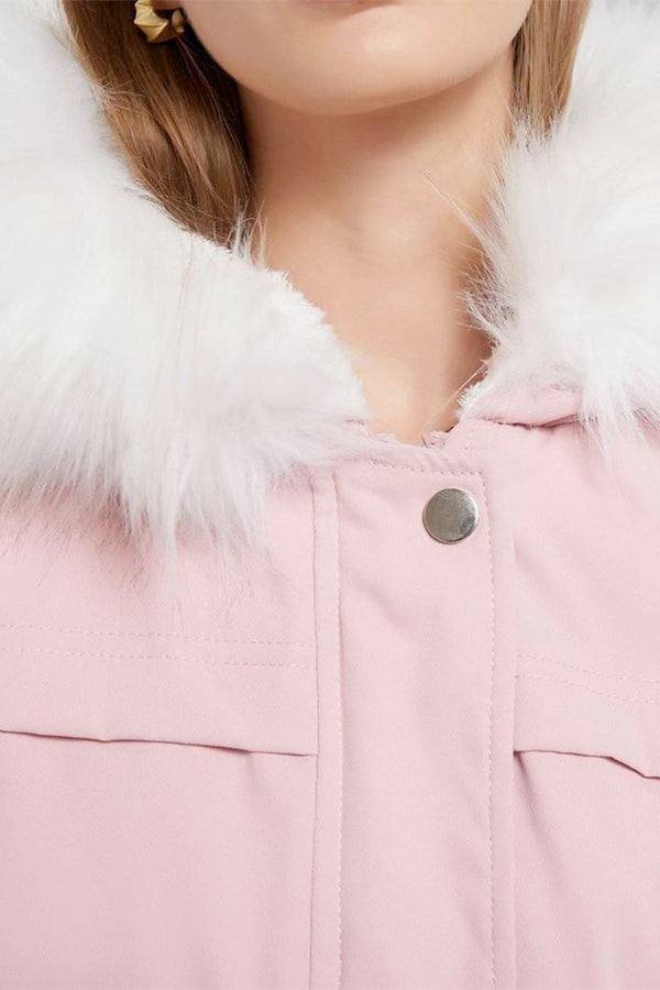 Close-up of a thick long-sleeve zipper overcoat with soft white fur collar and pink fabric