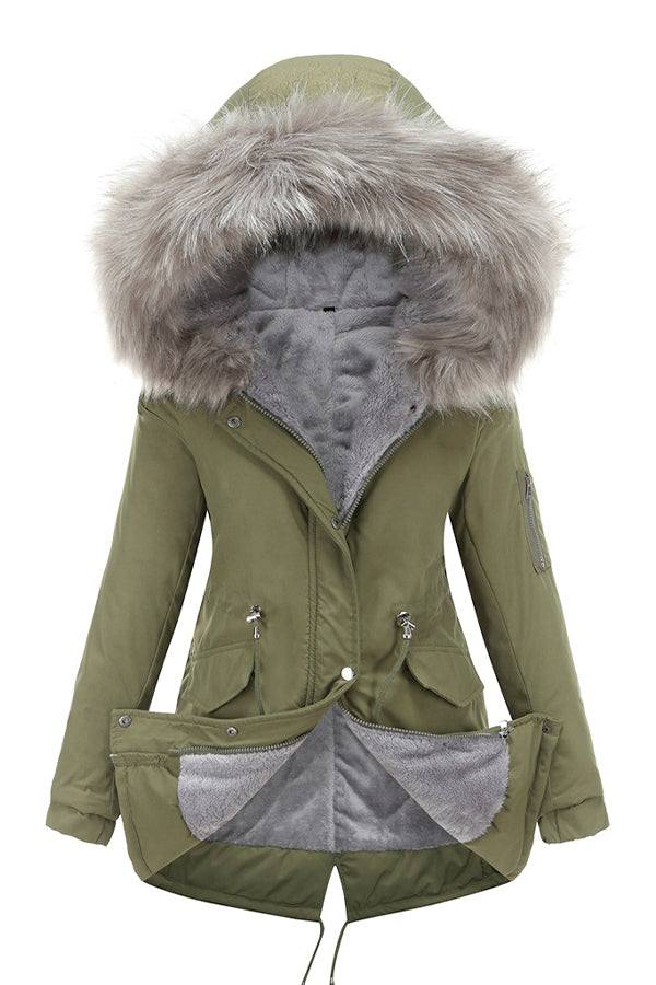 Olive green Fur Collar Fleece Coat with hood and adjustable hem, featuring soft gray fleece interior and faux fur trim.