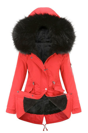 Red fur collar fleece coat with hood and adjustable hem, featuring warm black fleece interior and stylish design.