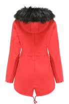 Red fur collar fleece coat with hood and adjustable hem back view