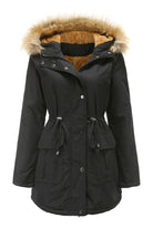 Black large hooded velvet coat with faux fur trim, adjustable zipper, and warm cotton velvet material.