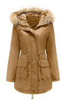 Large hooded velvet coat in brown with fur-trimmed hood and front pockets