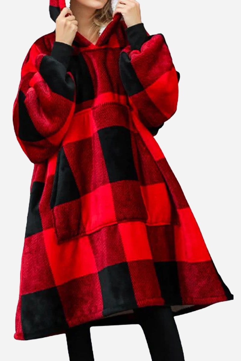 Snuggly oversized hooded fleece sweater in red and black plaid with a large front pocket and cozy hood