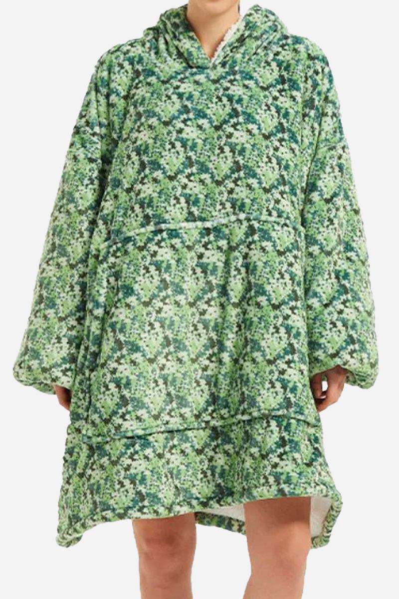 Snuggly oversized hooded fleece sweater with green floral pattern, large front pocket, and comfortable loose fit