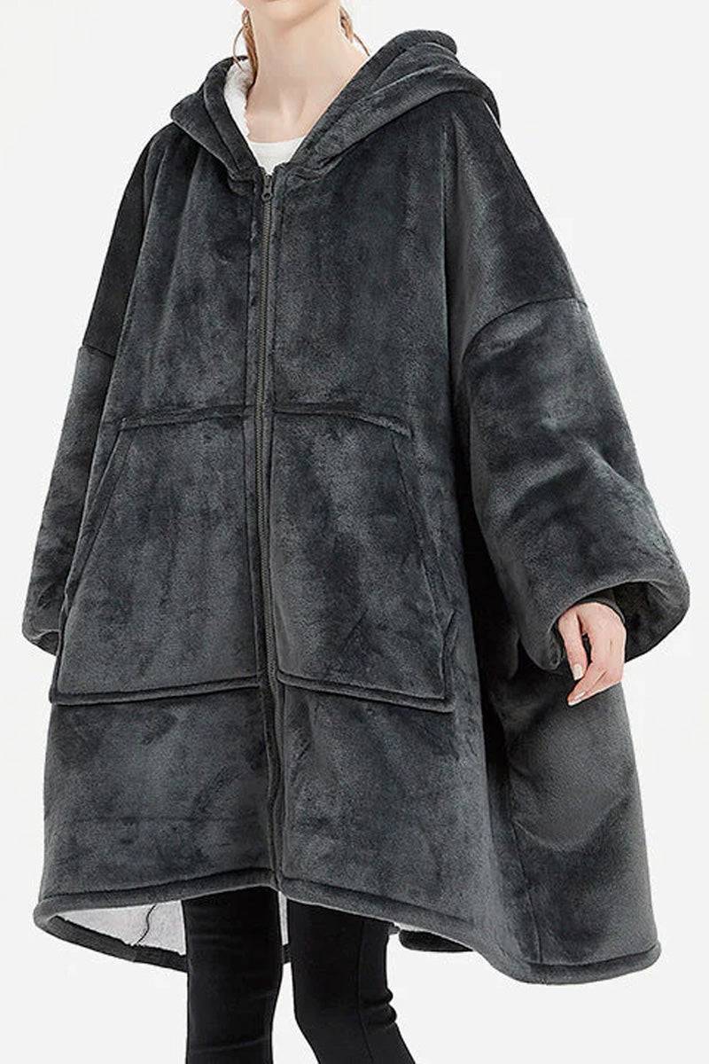 Oversized ultra soft hooded blanket with zipper and large front pockets in dark gray flannel sherpa material.