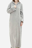 Stylish flannel nightgown with hood and zipper, soft thick fabric, cozy and warm design.