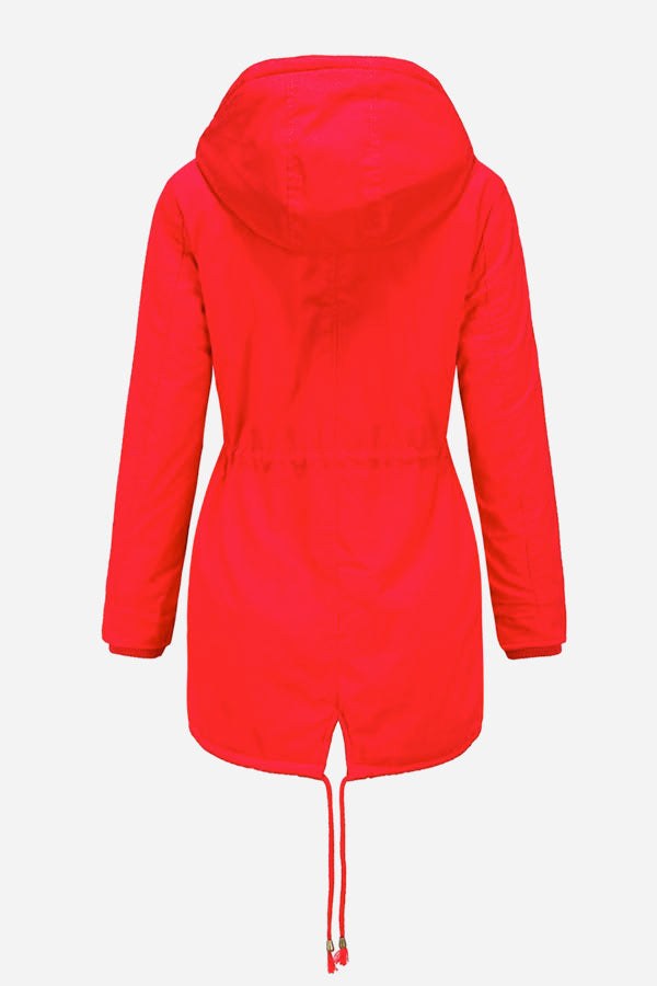 Back view of extra comfortable cotton parka coat in bright red with hood and adjustable waist drawstring