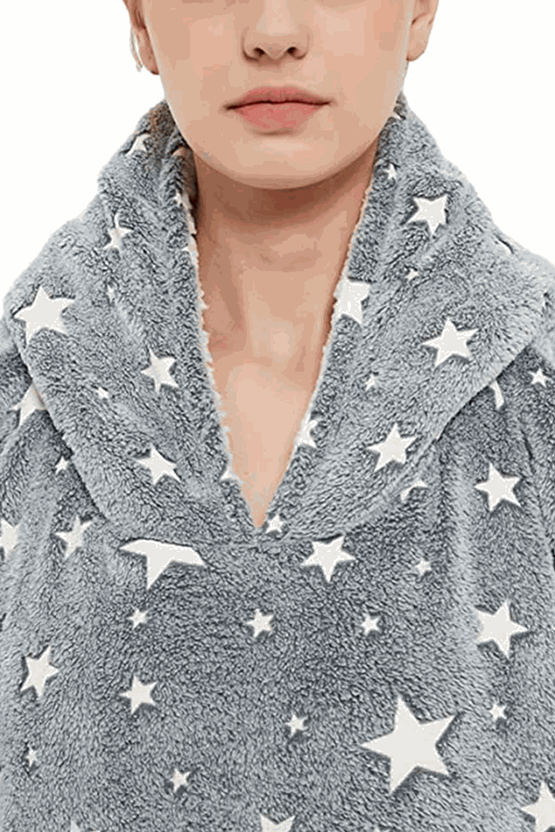 Gray Lazy Fleece Blanket Sweater with white star pattern, oversized soft fleece fabric and cozy hood