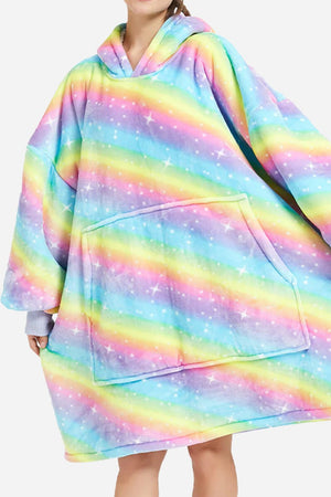 colorful oversized lazy fleece blanket sweater with hood and large front pocket
