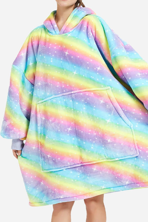 colorful oversized lazy fleece blanket sweater with hood and large front pocket