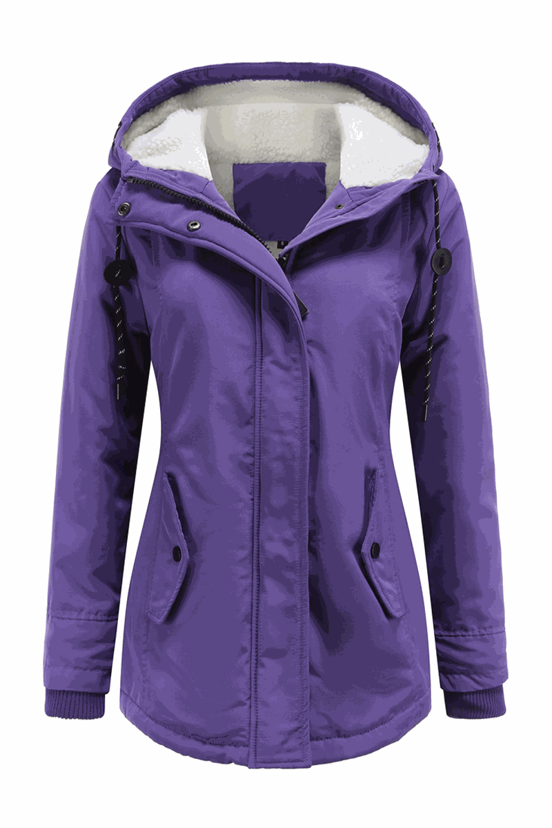 Purple casual hooded velvet coat with adjustable hood, hidden rib cuffs, water-resistant surface, and multiple pockets.