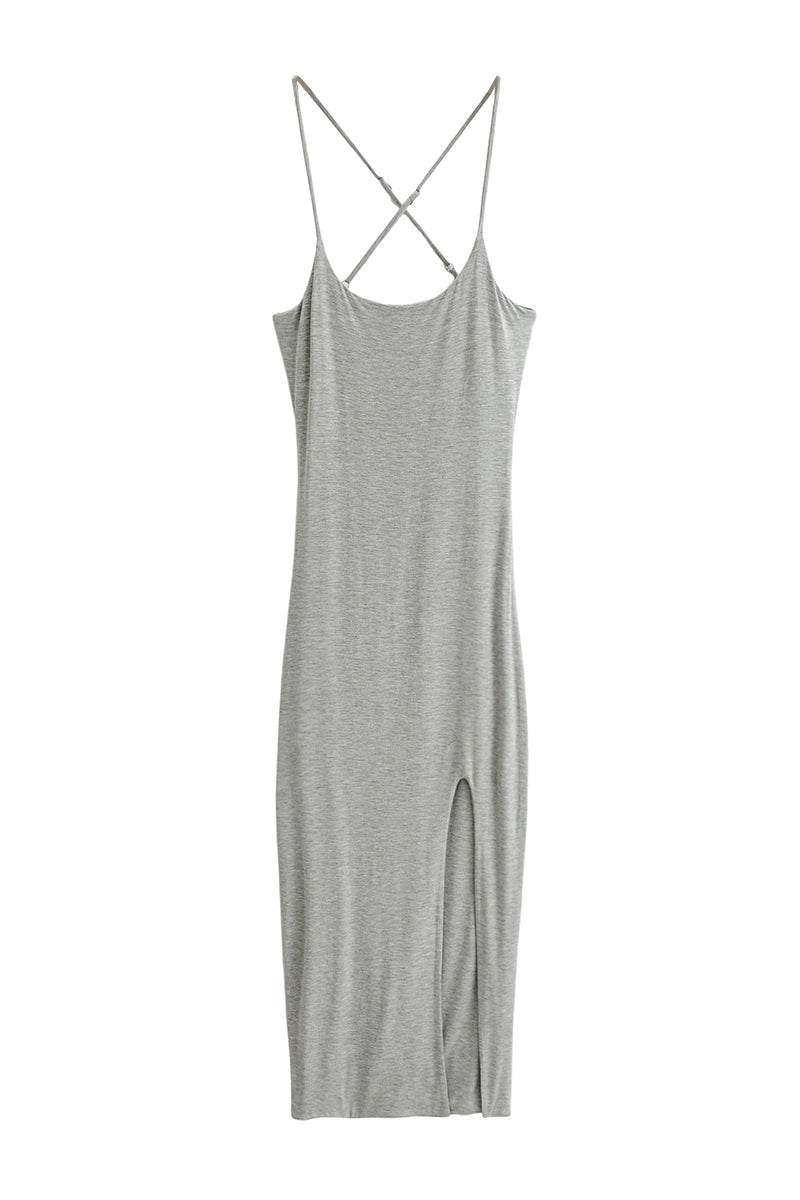 gray elegant side slit midi dress with crisscross straps and flattering silhouette