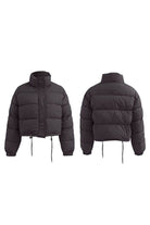 Black sleek cropped puffer jacket front and back view with high collar and adjustable drawstrings