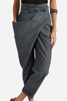 Women's high-waist wrapped pants in dark gray breathable fabric with loose fit and side pocket