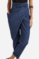 Women's high-waist wrapped pants in navy blue with loose fit and side pocket, breathable and lightweight design.