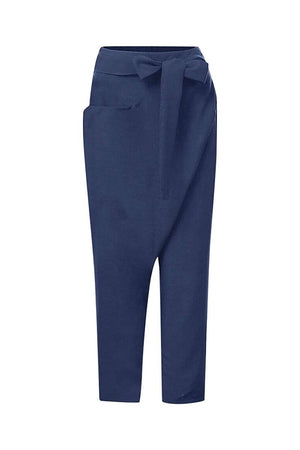Navy blue high-waist wrapped pants with a side pocket and lace belt detail for a comfortable, stylish look