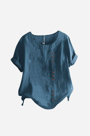 Relaxed Fit Linen Button-Up Tee in blue with short sleeves and button accents for breathable, loose-fitting comfort