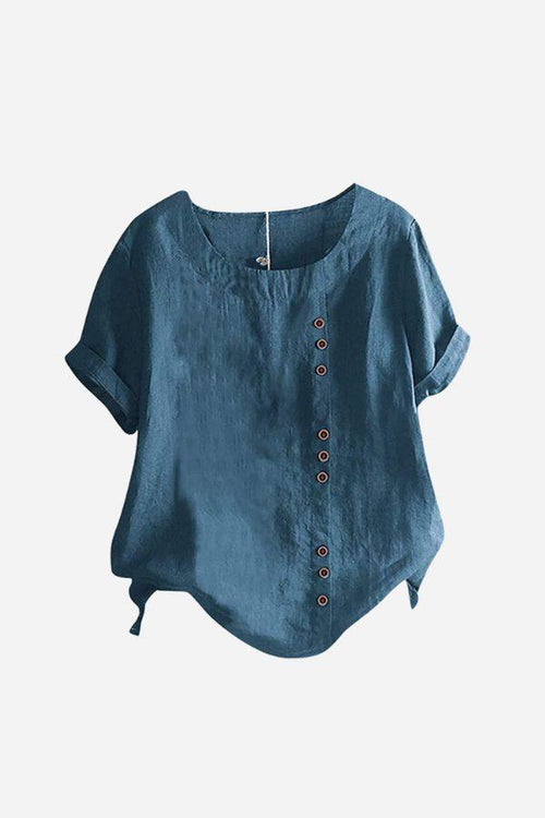 Relaxed Fit Linen Button-Up Tee in blue with short sleeves and button accents for breathable, loose-fitting comfort