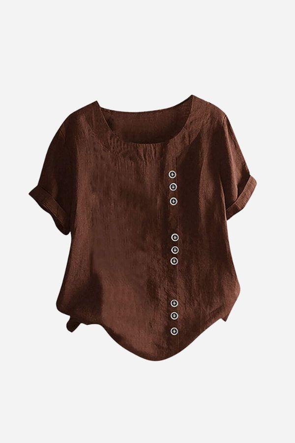 Relaxed fit linen button-up tee in brown with short sleeves and button accent