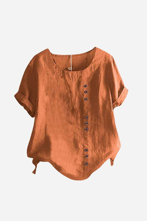 Relaxed fit linen button-up tee in earthy brown with short sleeves and stylish side buttons
