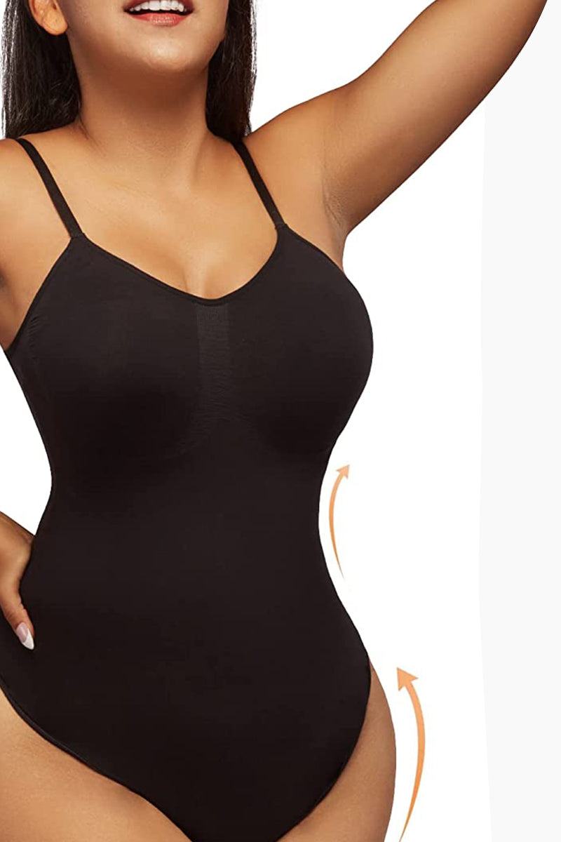 Black seamless TummyToning Bodysuit with adjustable straps, tummy control, and chest lifting design.