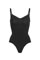 Black seamless TummyToning Bodysuit with adjustable straps for tummy control and chest lift