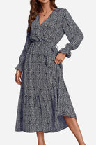 Bloom Wrap Midi Dress in comfortable chiffon with floral print, A-line silhouette, and long trumpet sleeves.