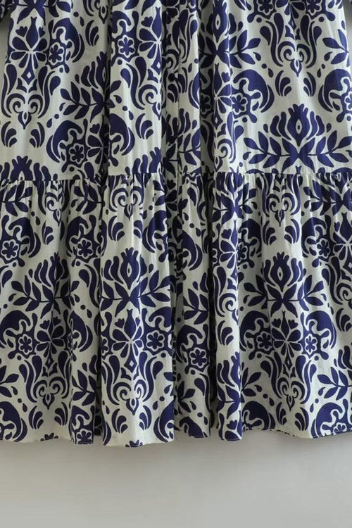 Close-up of blue floral pattern on fabric of Blue Floral Lantern Sleeves Midi Dress made of 100% polyester