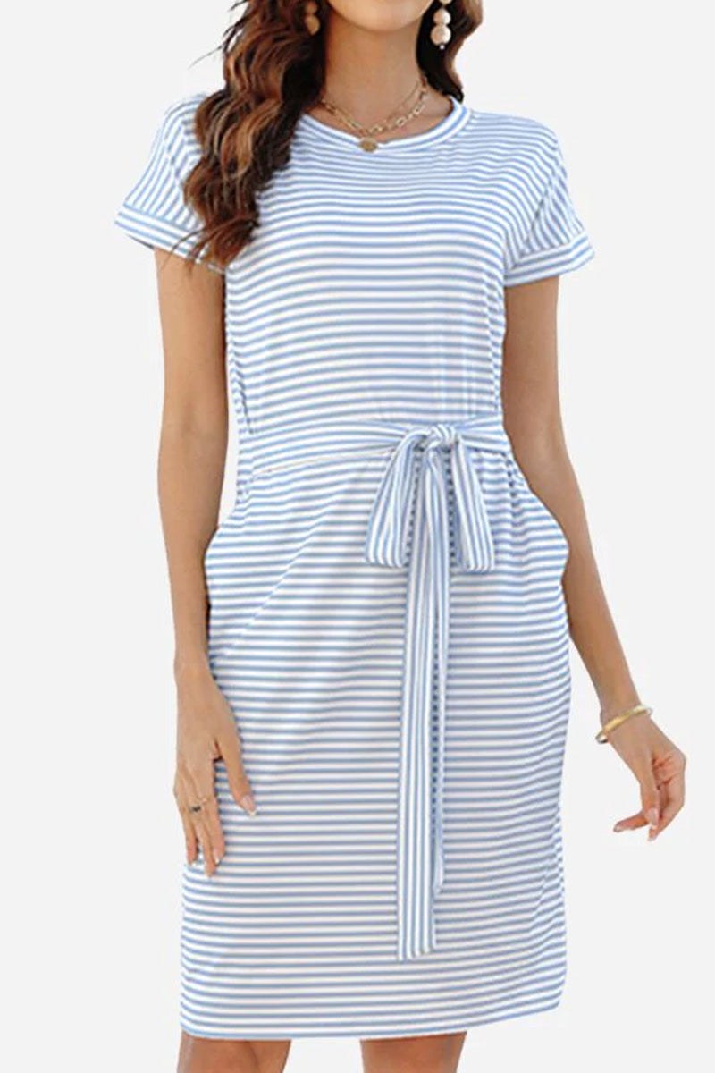 Airy Stripe Sheath Cotton Dress with short sleeves, tie waist, and side pockets in light blue and white stripes