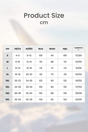 Loose solid color two-piece set size chart with bust, waist, hips, and top/bottom length measurements in cm.