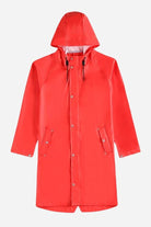 Lightweight ultra water-resistant long red hooded windbreaker jacket with zipper and button closure