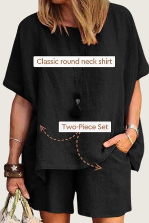 Comfy linen-like shirt and shorts two-piece set with classic round neck and loose fit in black