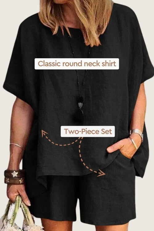 Comfy linen-like shirt and shorts two-piece set with classic round neck and loose fit in black