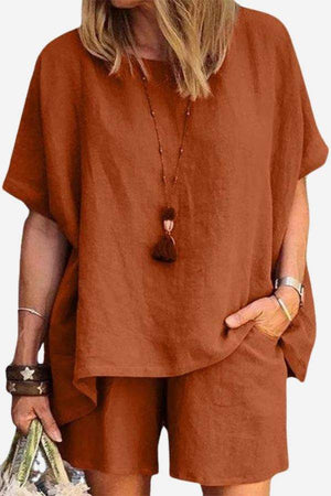 Comfy linen-like shirt and shorts two-piece set in rust color with loose fit and casual style