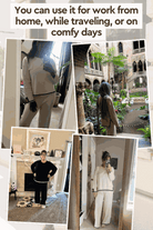 long sleeved relaxed fit lounge two-piece set worn in various settings including home, travel, and casual outings