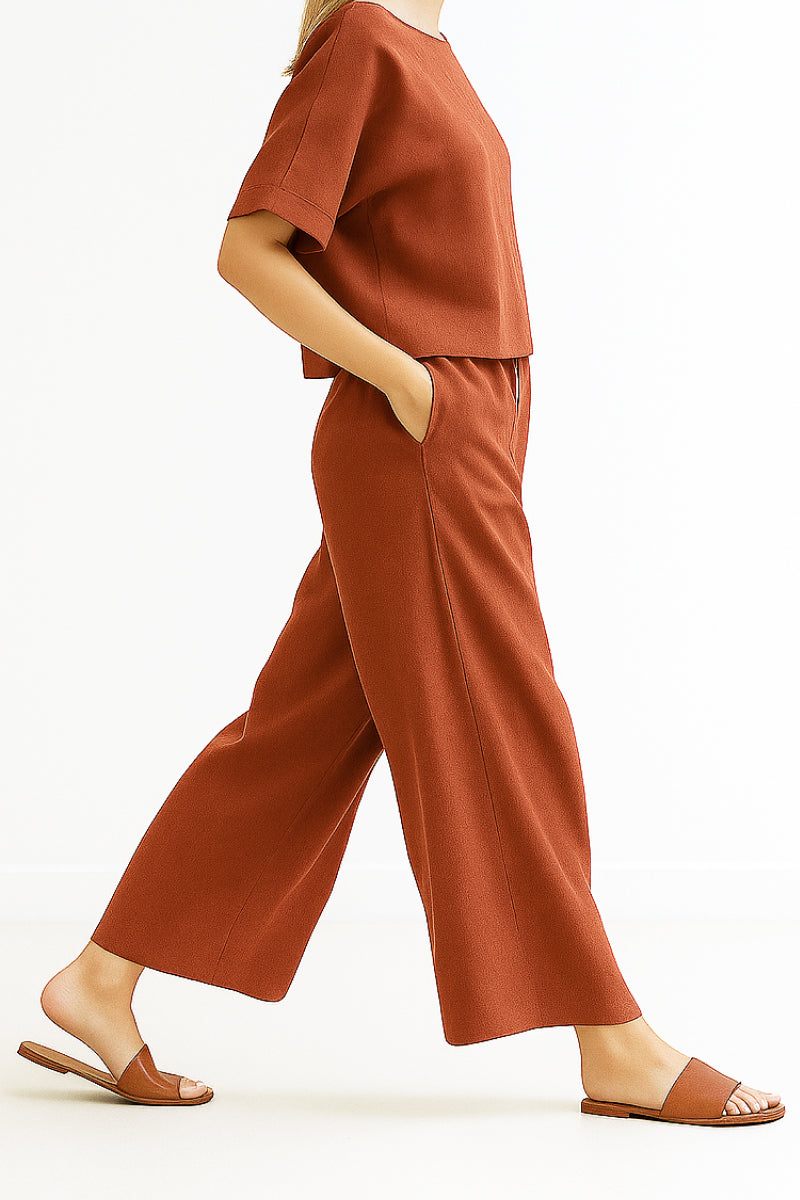 Women's rust-colored loose fit co-ord set with short sleeves and wide-leg pants