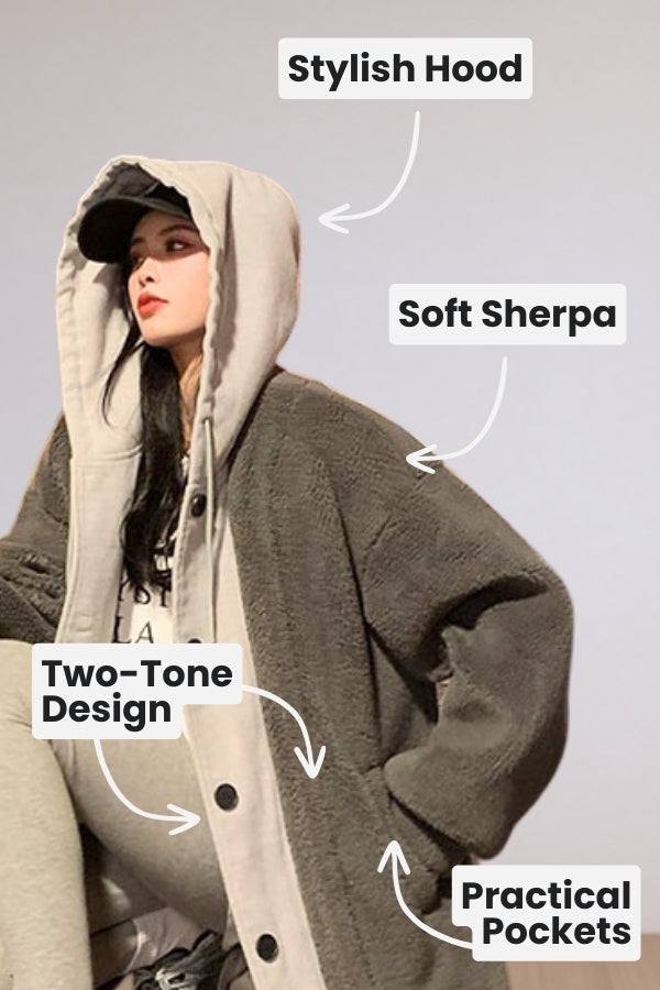 Everyday wear oversized coat with soft sherpa lining, two-tone design, stylish hood, and practical pockets