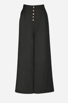 Black button front high waist palazzo pants with wide legs and lightweight comfortable fit