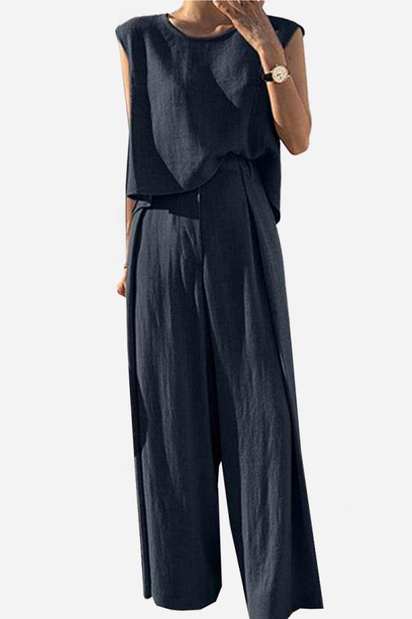 Casual Radiance Loose-Fit Combo black breathable cotton linen two-piece outfit with loose pants and sleeveless top for all-day comfort and versatile style